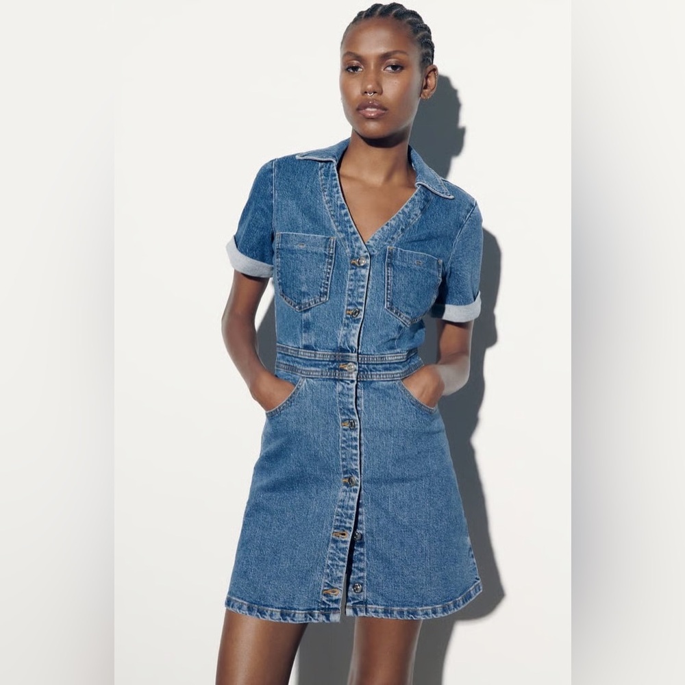 Zara Denim Jean Button Front Casual Short Sleeve Spring Summer Mini Dress
